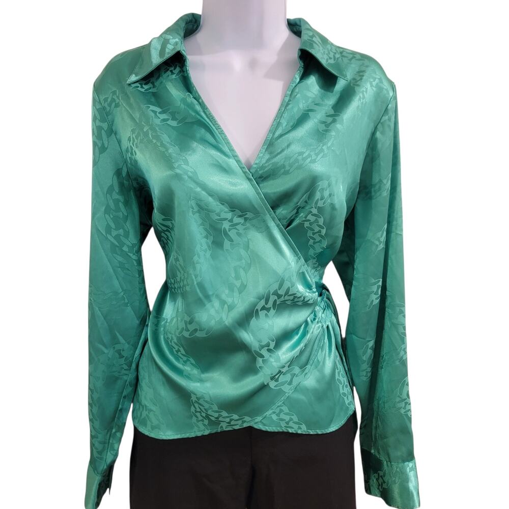 Rachel Rachel Roy Emerald Green Satin Wrap Blouse Size L Chain Print